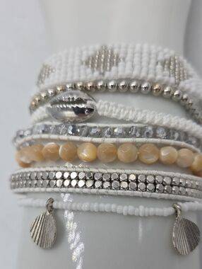 Victoria Emerson 7 Strand White & Beige Layered Beaded Bracelet